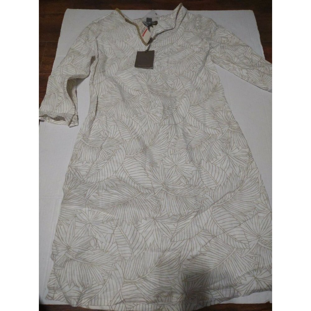Tommy Bahama Dress Womens xSmall Beige Linen Hawaiian Palm Beaded Belted New